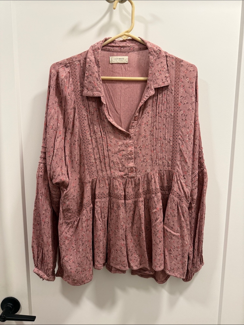 Lucky Brand Dusty Rose Floral Pintuck Peasant Tunic